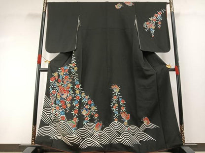 平和屋着物●訪問着　紅型　花蝶文　黒地　鬼しぼ縮緬正絹　逸品　AABI1315fy