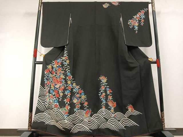 平和屋着物●訪問着　紅型　花蝶文　黒地　鬼しぼ縮緬正絹　逸品　AABI1315fy