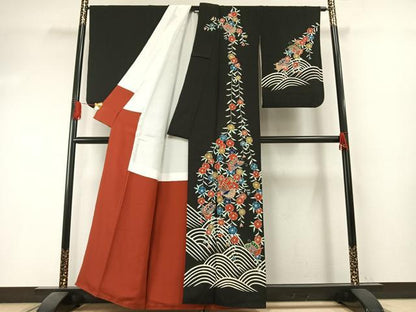平和屋着物●訪問着　紅型　花蝶文　黒地　鬼しぼ縮緬正絹　逸品　AABI1315fy