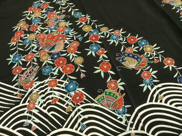 平和屋着物●訪問着　紅型　花蝶文　黒地　鬼しぼ縮緬正絹　逸品　AABI1315fy