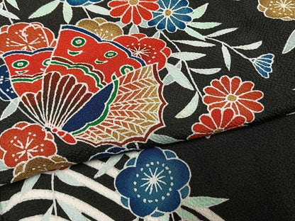 平和屋着物●訪問着　紅型　花蝶文　黒地　鬼しぼ縮緬正絹　逸品　AABI1315fy
