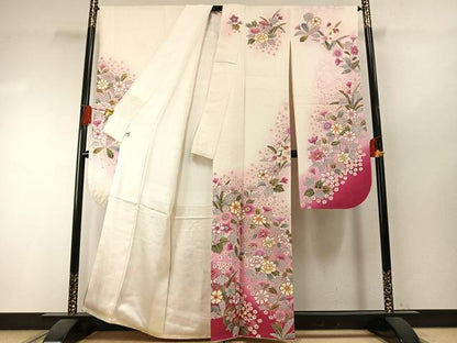 平和屋着物●豪華振袖　駒刺繍　草花文　暈し染め　金彩　京都きもの友禅扱い　正絹　逸品　AABI1321fy
