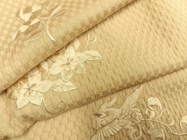 平和屋着物●訪問着　お召地　総刺繍　花鳥文　金糸　正絹　逸品　AABI1324fy