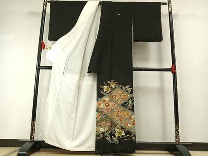 平和屋着物●豪華黒留袖　作家物　駒刺繍　草花文　金糸　金彩　正絹　逸品　AABI1326fy