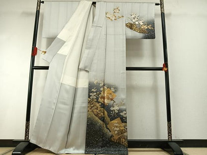 平和屋着物●訪問着　色紙重ね花文　暈し染め　銀糸　金銀彩　正絹　逸品　AABI1332fy