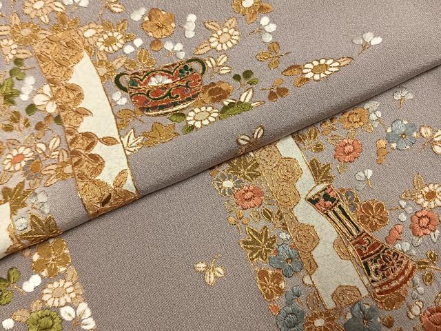 平和屋着物●訪問着　総刺繍　草花陶器文　金糸　正絹　逸品　AABI1336fy