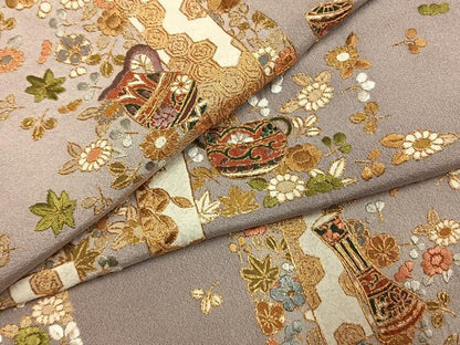 平和屋着物●訪問着　総刺繍　草花陶器文　金糸　正絹　逸品　AABI1336fy