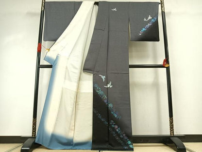 平和屋着物●訪問着　花鳥文　暈し染め　銀彩　銀通し地　正絹　逸品　AABI1339fy