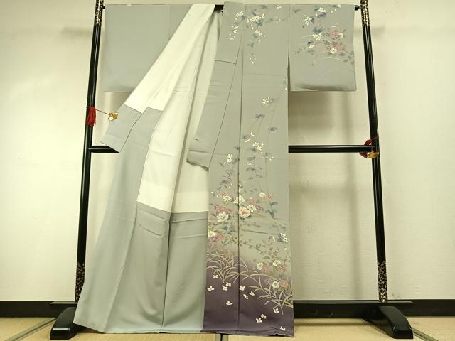 平和屋着物●訪問着　手描き　草花文　暈し染め　正絹　逸品　AABI1351fy