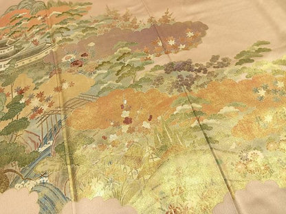 平和屋着物●豪華色留袖　刺繍　松竹梅　摺り剥がし　金糸　金彩　正絹　逸品　AABI1364fy