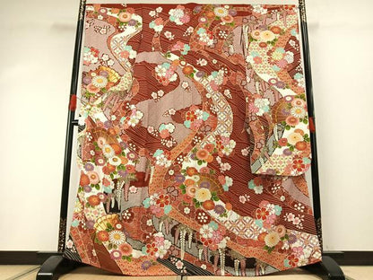 平和屋着物●豪華振袖　駒刺繍　扇面花文　金彩　銀通し地　正絹　逸品　AABI1376fy