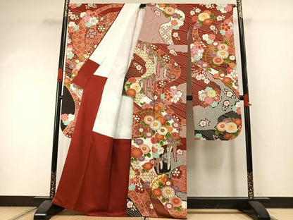平和屋着物●豪華振袖　駒刺繍　扇面花文　金彩　銀通し地　正絹　逸品　AABI1376fy