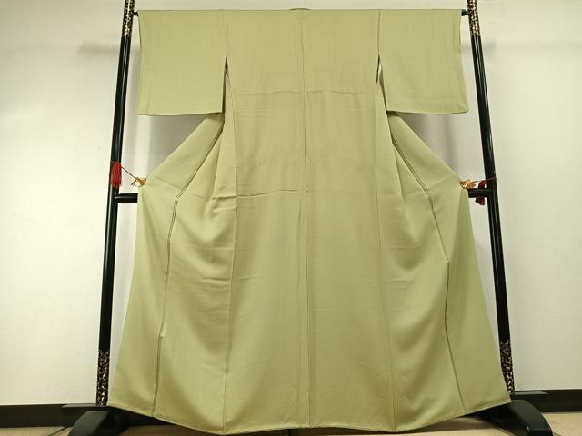 平和屋着物●上質な色無地　縞地紋　若芽色　正絹　逸品　AABI1393fy
