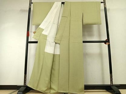 平和屋着物●上質な色無地　縞地紋　若芽色　正絹　逸品　AABI1393fy