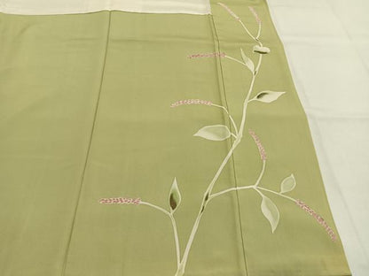 平和屋着物●上質な色無地　縞地紋　若芽色　正絹　逸品　AABI1393fy
