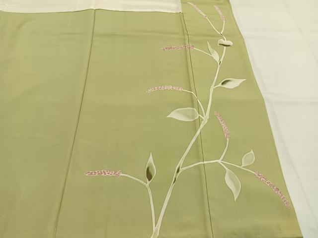 平和屋着物●上質な色無地　縞地紋　若芽色　正絹　逸品　AABI1393fy