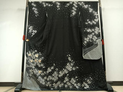 平和屋着物●豪華振袖　駒刺繍　絞り　舞花文　黒地　正絹　逸品　AABI1397fy