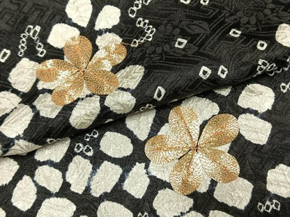 平和屋着物●豪華振袖　駒刺繍　絞り　舞花文　黒地　正絹　逸品　AABI1397fy