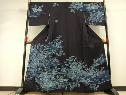 平和屋着物●訪問着　本藍　風景花文　正絹　逸品　AABI1398fy