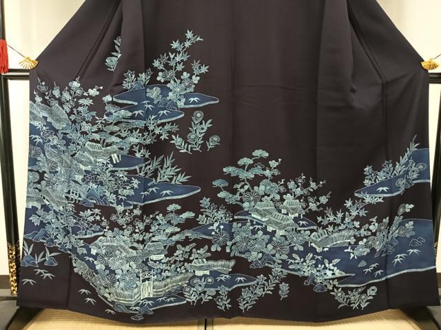 平和屋着物●訪問着　本藍　風景花文　正絹　逸品　AABI1398fy