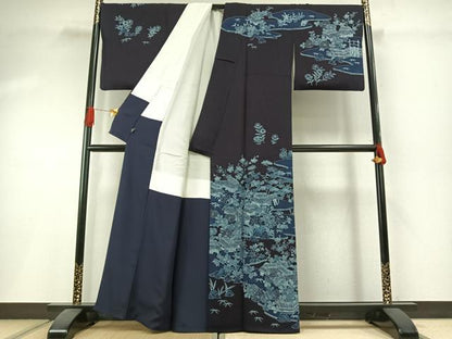 平和屋着物●訪問着　本藍　風景花文　正絹　逸品　AABI1398fy