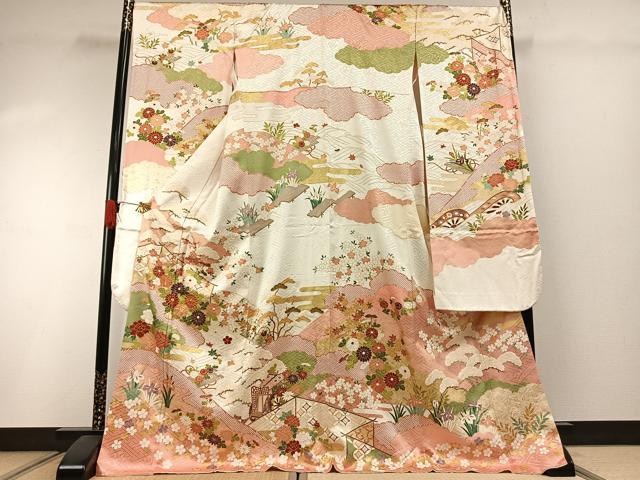 平和屋着物●豪華振袖　駒刺繍　御所車花文　金彩　正絹　逸品　AABI1416fy
