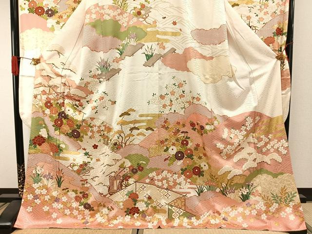 平和屋着物●豪華振袖　駒刺繍　御所車花文　金彩　正絹　逸品　AABI1416fy