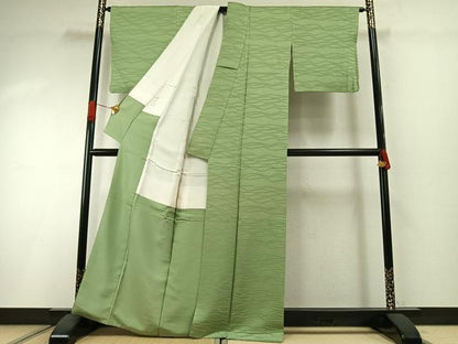 平和屋着物●上質な色無地　幾何学地紋　若葉色　正絹　逸品　AABI1421fy