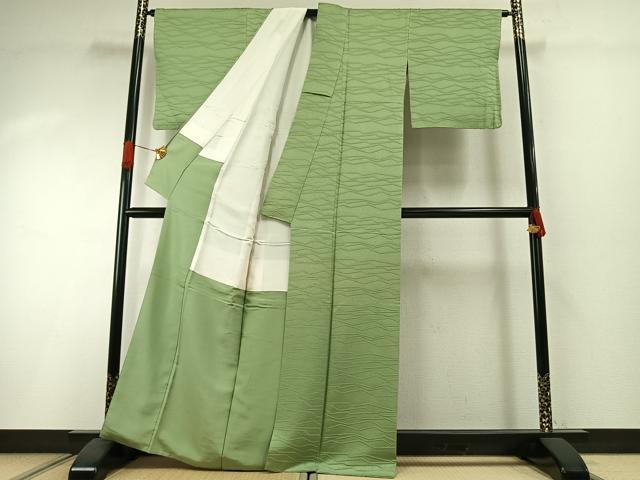 平和屋着物●上質な色無地　幾何学地紋　若葉色　正絹　逸品　AABI1421fy