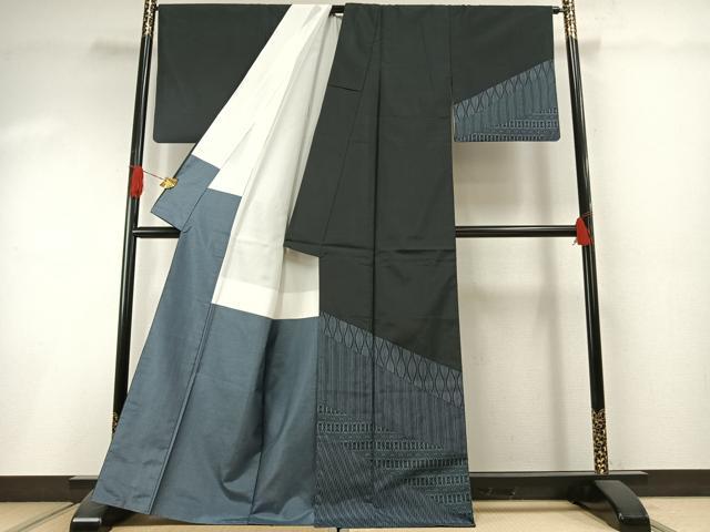 平和屋着物●本場縞大島紬　染大島　幾何学文様　喜名田織物謹製　証紙付き　正絹　逸品　AABI1426fy