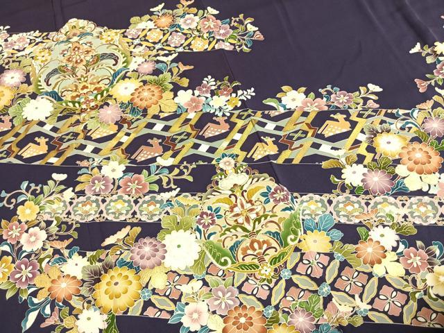 平和屋着物●色留訪問着　友禅　駒刺繍　吉祥花文　金彩　正絹　逸品　AABI1427fy