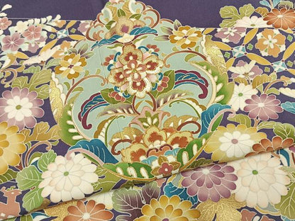 平和屋着物●色留訪問着　友禅　駒刺繍　吉祥花文　金彩　正絹　逸品　AABI1427fy