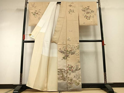 平和屋着物●訪問着　紬地　作家物　松竹梅　風景花文　やまと誂製　正絹　逸品　AABI1428fy