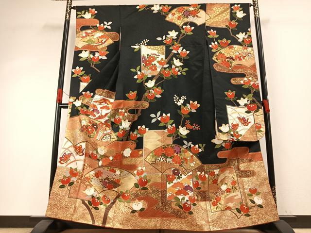 平和屋着物●豪華振袖　駒刺繍　御所車花鳥文　黒地　金彩　正絹　逸品　AABI1431fy