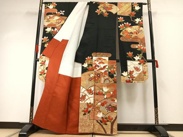 平和屋着物●豪華振袖　駒刺繍　御所車花鳥文　黒地　金彩　正絹　逸品　AABI1431fy