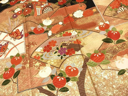 平和屋着物●豪華振袖　駒刺繍　御所車花鳥文　黒地　金彩　正絹　逸品　AABI1431fy