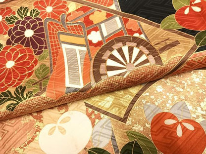 平和屋着物●豪華振袖　駒刺繍　御所車花鳥文　黒地　金彩　正絹　逸品　AABI1431fy