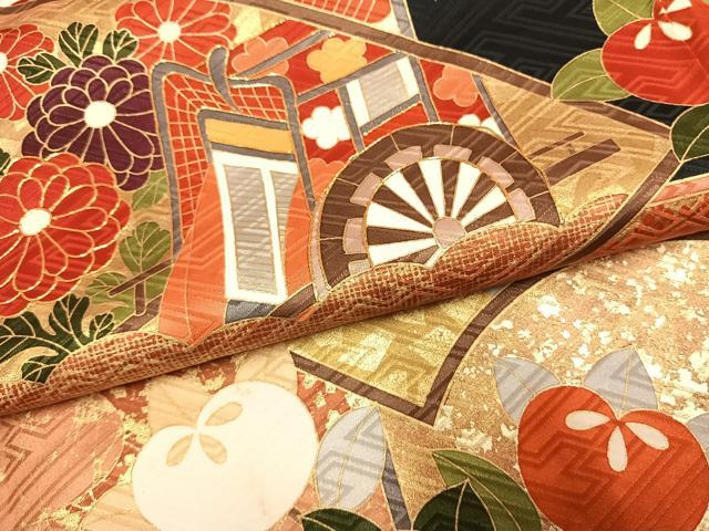 平和屋着物●豪華振袖　駒刺繍　御所車花鳥文　黒地　金彩　正絹　逸品　AABI1431fy