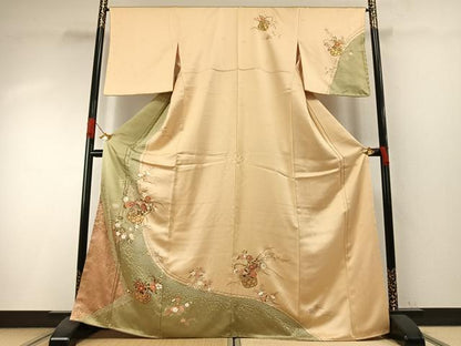 平和屋着物●訪問着　絞り　草花文　金彩　まるやま扱い　正絹　逸品　AABI1434fy
