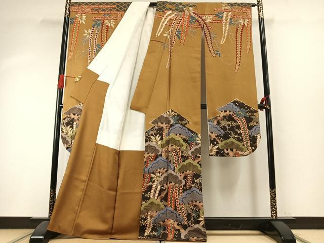 平和屋着物●豪華振袖　駒刺繍　枝松文　金彩　正絹　逸品　AABI1447fy