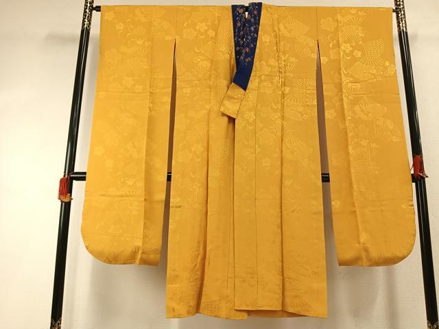 平和屋着物●振袖用長襦袢　無双仕立て　扇面花地紋　山吹色　半衿刺繍　正絹　逸品　AABI1451fy