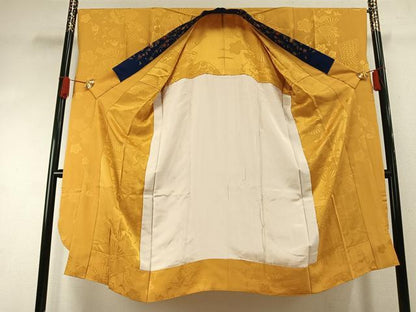 平和屋着物●振袖用長襦袢　無双仕立て　扇面花地紋　山吹色　半衿刺繍　正絹　逸品　AABI1451fy