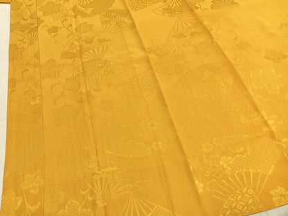 平和屋着物●振袖用長襦袢　無双仕立て　扇面花地紋　山吹色　半衿刺繍　正絹　逸品　AABI1451fy