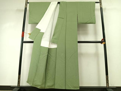 平和屋着物●喜多長蔵 萬葉染　色無地　若葉色　反端付き　正絹　逸品　AABI1471fy