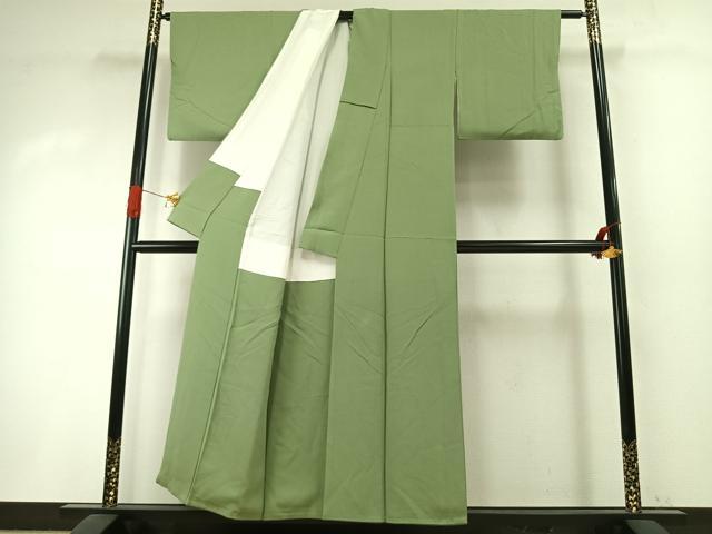 平和屋着物●喜多長蔵 萬葉染　色無地　若葉色　反端付き　正絹　逸品　AABI1471fy