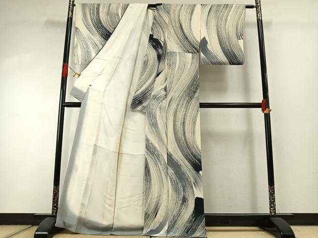平和屋着物●洛楽人工房　流水文　(玉蟲染)　小紋　浜ちりめん　鬼しぼ縮緬　反端付き　正絹　逸品　AABI1488fy