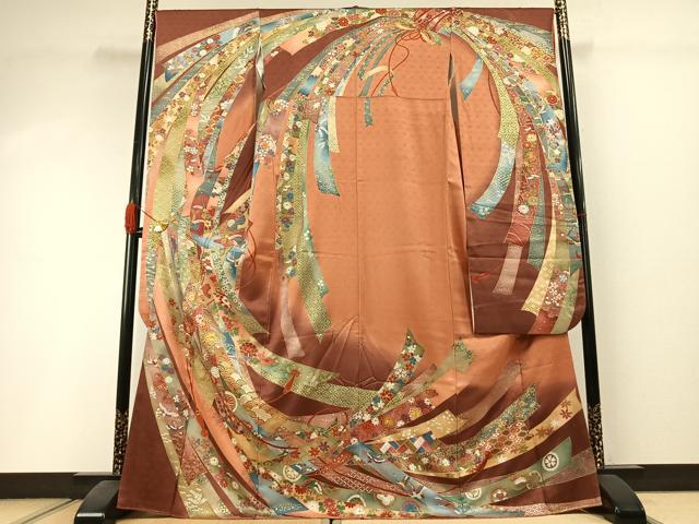 平和屋着物●紫綬褒章　巨匠『岩田専太郎』　振袖　駒刺繍　熨斗花鳥文　暈し染め　金彩　正絹　逸品　AABI1489fy