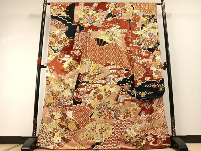 平和屋着物●豪華振袖　駒刺繍　草花文　金彩　正絹　逸品　未使用　AABI1493fy