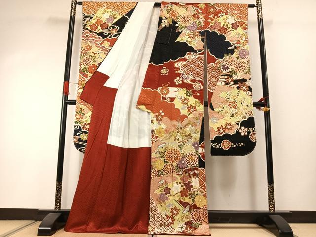 平和屋着物●豪華振袖　駒刺繍　草花文　金彩　正絹　逸品　未使用　AABI1493fy