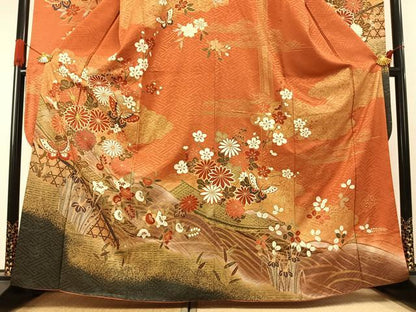 平和屋着物●豪華振袖　駒刺繍　花蝶文　暈し染め　金彩　正絹　逸品　AABI1495fy